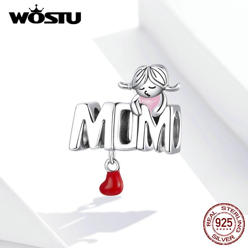 WOSTU стерлингового серебра 925 пробы для мамы, подарка на день матери, подвески для маленькой девочки, красные эмалированные бусины, подходят для браслета 925 silver