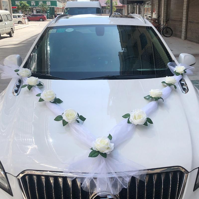 Белая роза Свадебное украшение автомобиля Цветок с лентой Свадебный автомобиль DIY Зеркальная ручка Цветы 1.6m белый