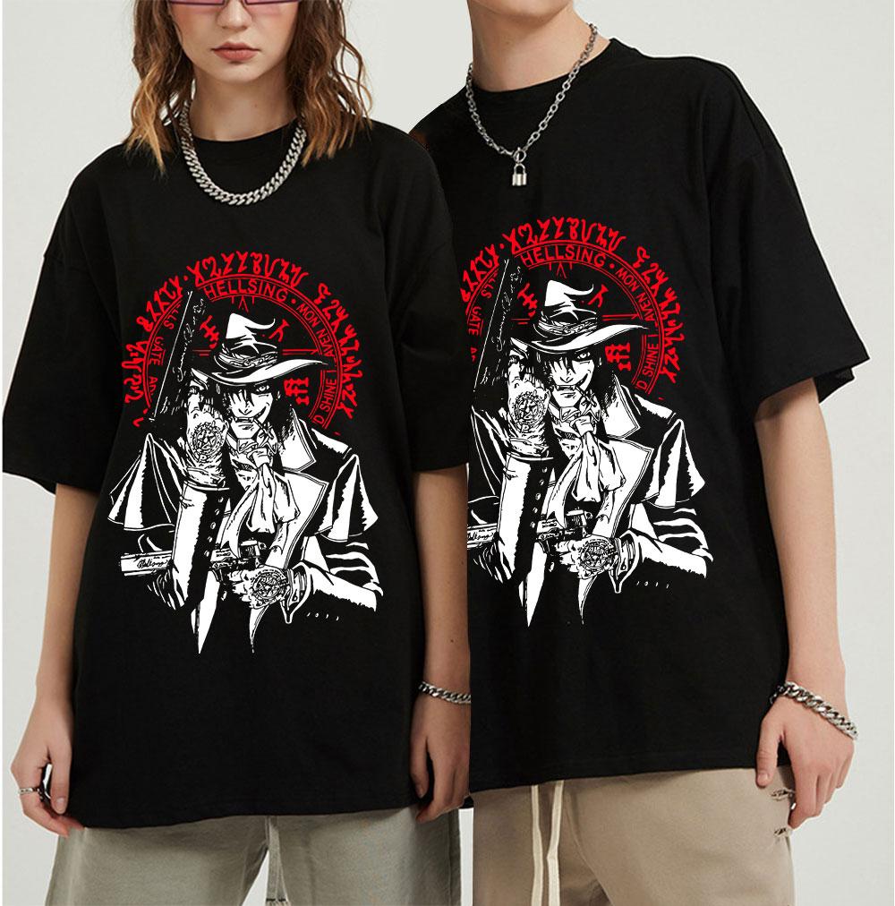 Винтажная мужская/женская футболка Hellsing Alucard с рисунком аниме, удобная летняя футболка с круглым вырезом и коротким рукавом, повседневный топ унисекс, футболка большого размера S чёрный