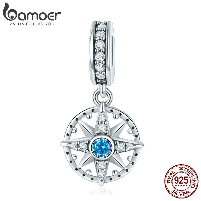BAMOER Сверкающее серебро 925 пробы, сверкающий морской компас, звезда, прозрачная подвеска с CZ, подходит для браслетов SCC847