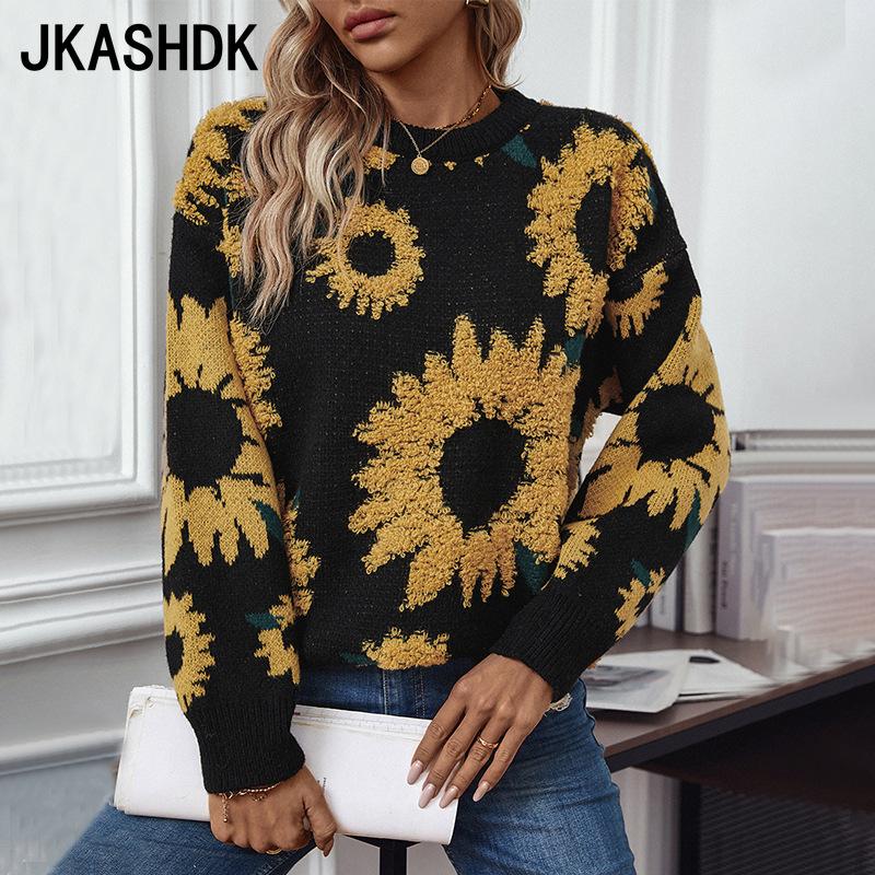 JKASHDK Женская мода Повседневный Осень Зима Цветочный Узор С Длинным Рукавом O-Neck Свитера S чёрный