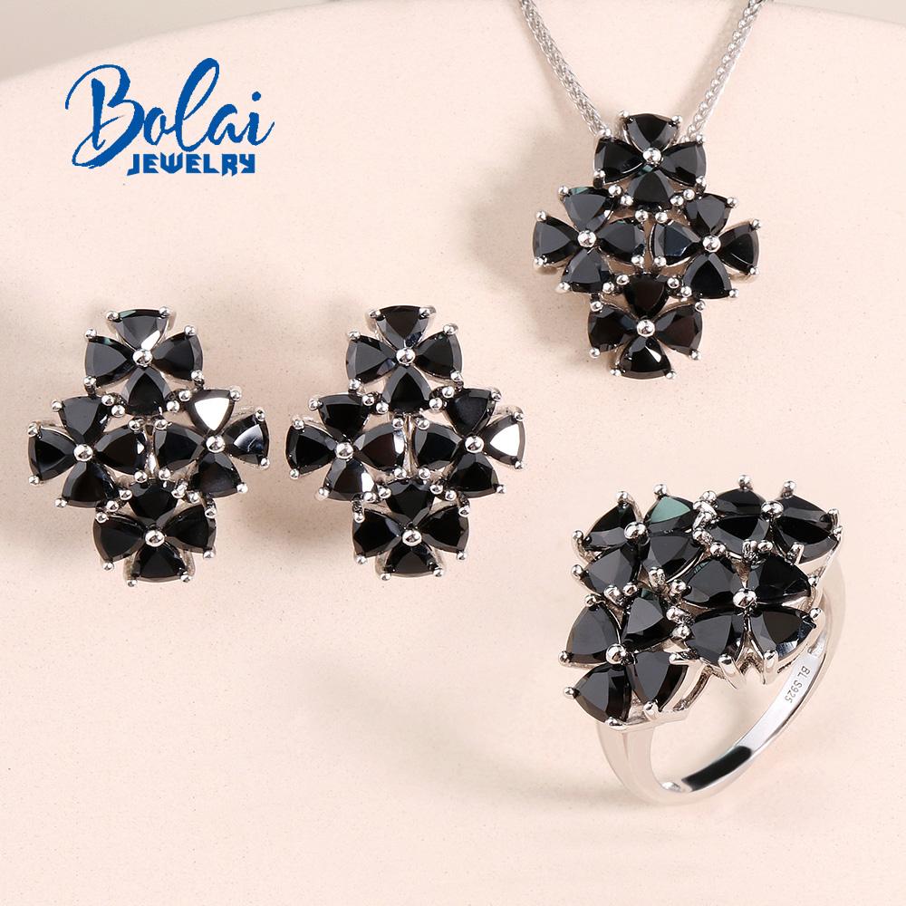 Bolaijewelry черная шпинель натуральный камень кольцо серьги ожерелье комплект ювелирных изделий из стерлингового серебра 925 пробы женский подарок на праздник US RING SIZE 7# чёрный