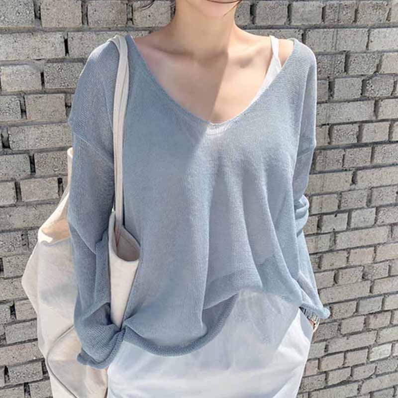 Повседневная тонкая блузка с v-образным вырезом Blusas 2023, однотонная корейская свободная солнцезащитная женская одежда, весна-лето-осень, сексуальные женские топы 20 бежевый