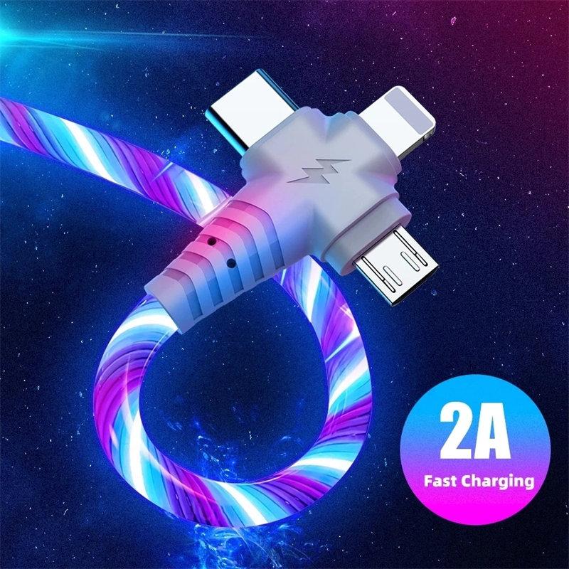Светящийся USB-кабель 3 в 1 для Samsung, светодиодный кабель USB к Micro USB/тип C/8-контактный зарядный шнур для iPhone 13 12 Pro Xiaomi 1M