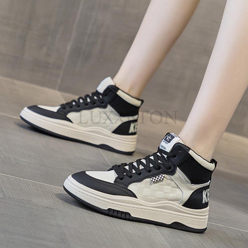 Genuine Leather Thick Sole Anti Slip Wear-resistant High Top High Rise Shoes Casual and Warm Plush Women Board Shoes 35 чёрный