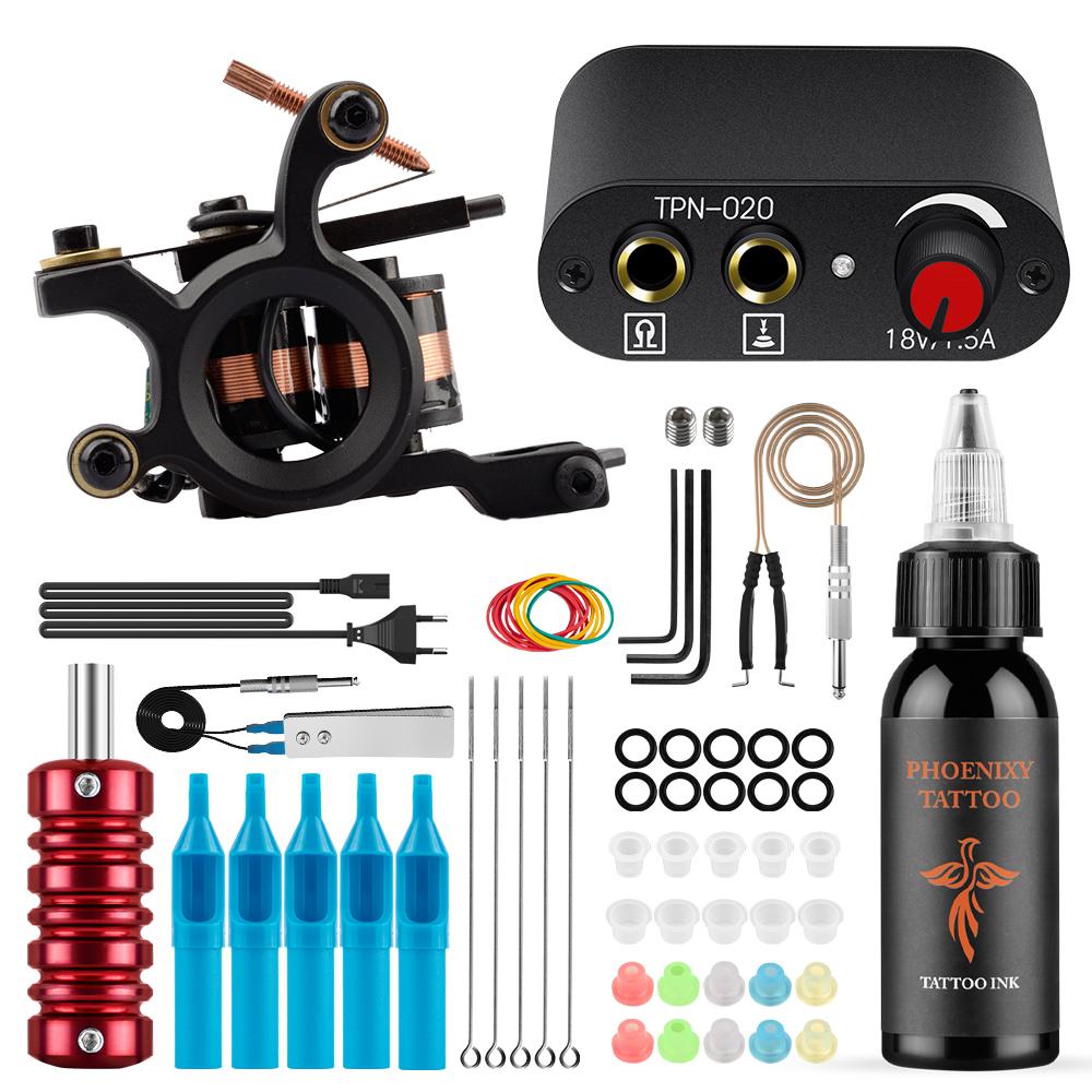 Наборы для татуажа PHOENIXY Starter Tattoo Machines Gun с 30 мл чернилами, пигментом, источником питания для татуировки, традиционные игольчатые ручки для татуировки, инструменты для боди-арта, полный комплект Set 01
