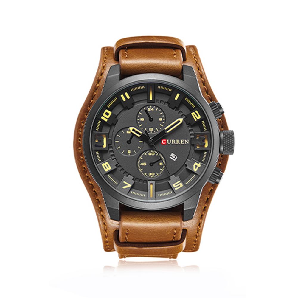 CURREN 8225 Кварцевые модные часы Мужские часы Лучший бренд Календарь Кожаный ремешок Деловые военные двойные коричневый