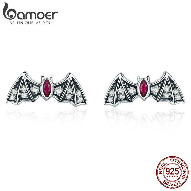 Женские серьги-гвоздики BAMOER из настоящего серебра 925 пробы с загадочной летучей мышью и ослепительным фианитом BSE004