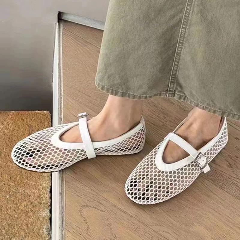 fashion Summer Mesh Hollow Sandals Women Flats Shallow Loafers Beach Walking Designer Shoes Comfort Retro Female Zapatillas Plus Size 42 35 чёрный