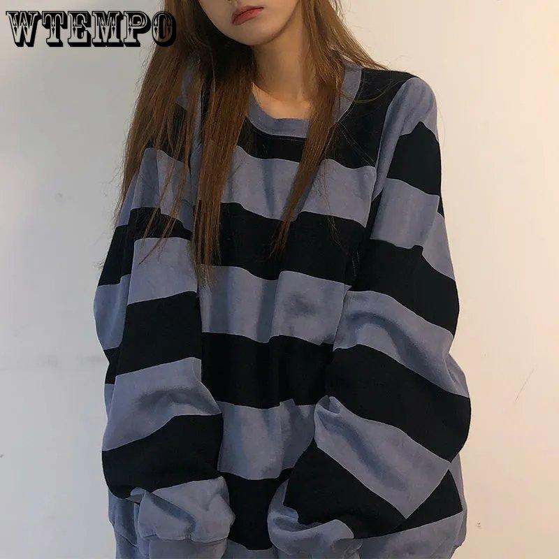 WTEMPO Harajuku рубашки в полоску с длинными рукавами уличная одежда эстетические корейские свободные топы винтажный хиппи с круглым вырезом Kpop черный пуловер M чёрный