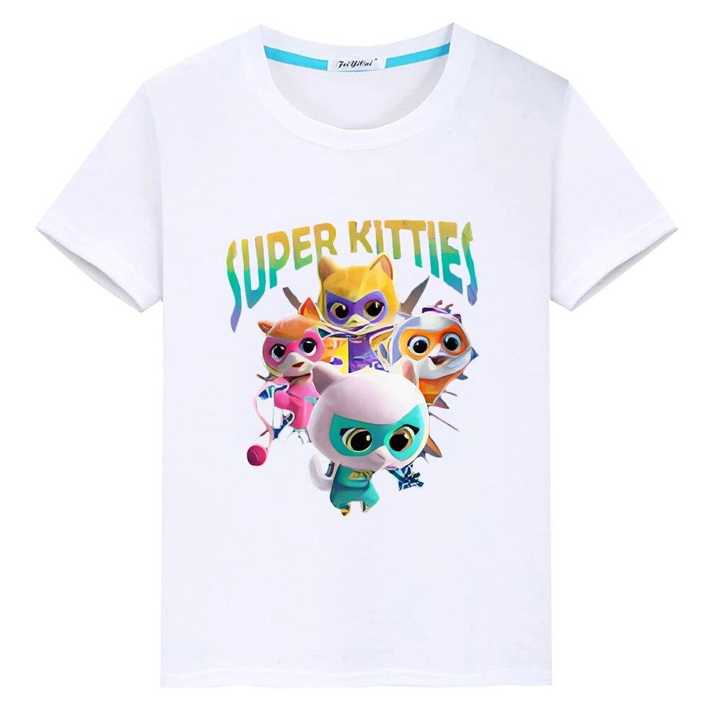 Летняя футболка с принтом Super Kitties, футболка y2k, цельные футболки с аниме для мальчиков, короткие топы из 100% хлопка с героями мультфильмов, детская одежда для девочек 100 белый