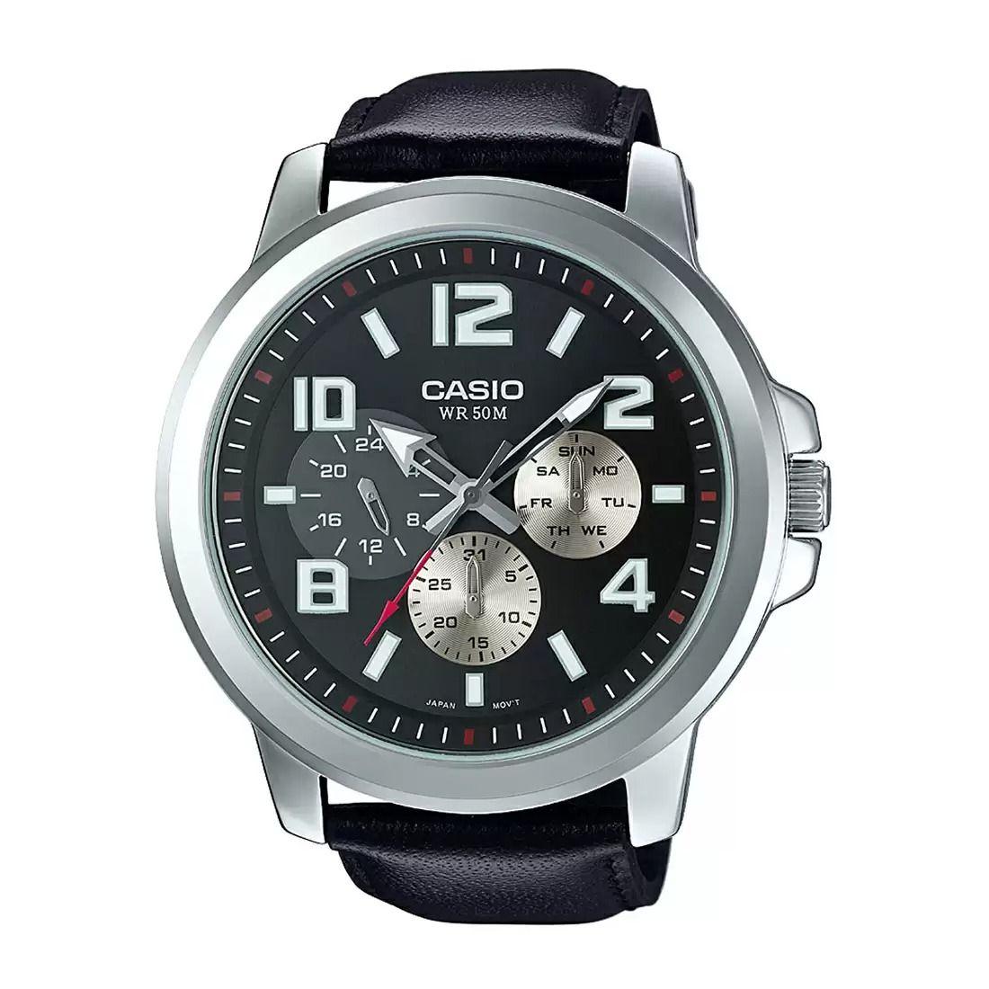 Мужские часы с ремешком из черной кожи, Black Leather Men s Watch,  Casio