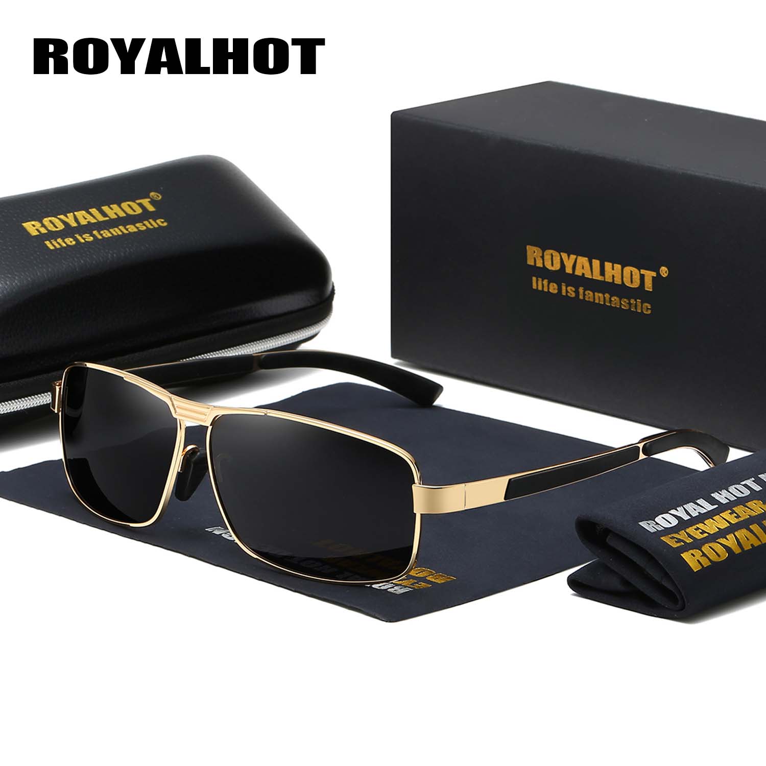 RoyalHot мужские и женские поляризационные солнцезащитные очки в прямоугольной оправе из сплава, солнцезащитные очки для вождения, оттенки Óculos, мужские чёрный