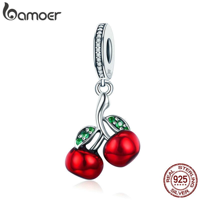 BAMOER модный кулон из стерлингового серебра 925 пробы с фруктами и красной эмалью вишни, подвеска, подходящий для женщин, браслеты SCC784