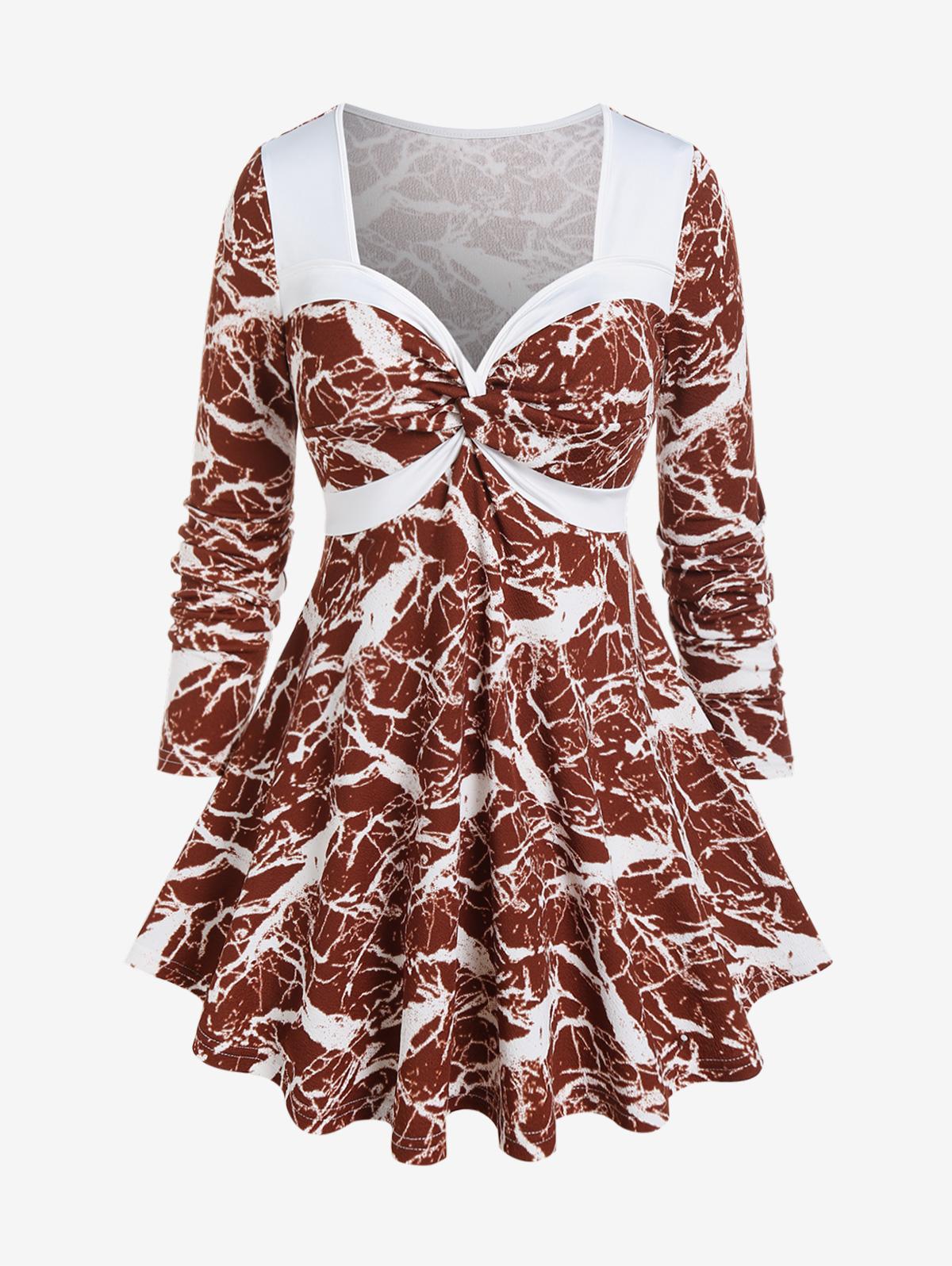 Rosegal Plus Size Sweetheart Neck Twist Marble Print Топ с длинными рукавами L глубокая кофе