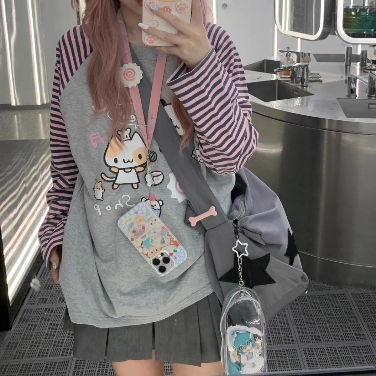 Милая Y2k Harajuku Kawaii полосатая толстовка женская японская лоскутная толстовка с мультяшным принтом женские осенне-весенние футболки S