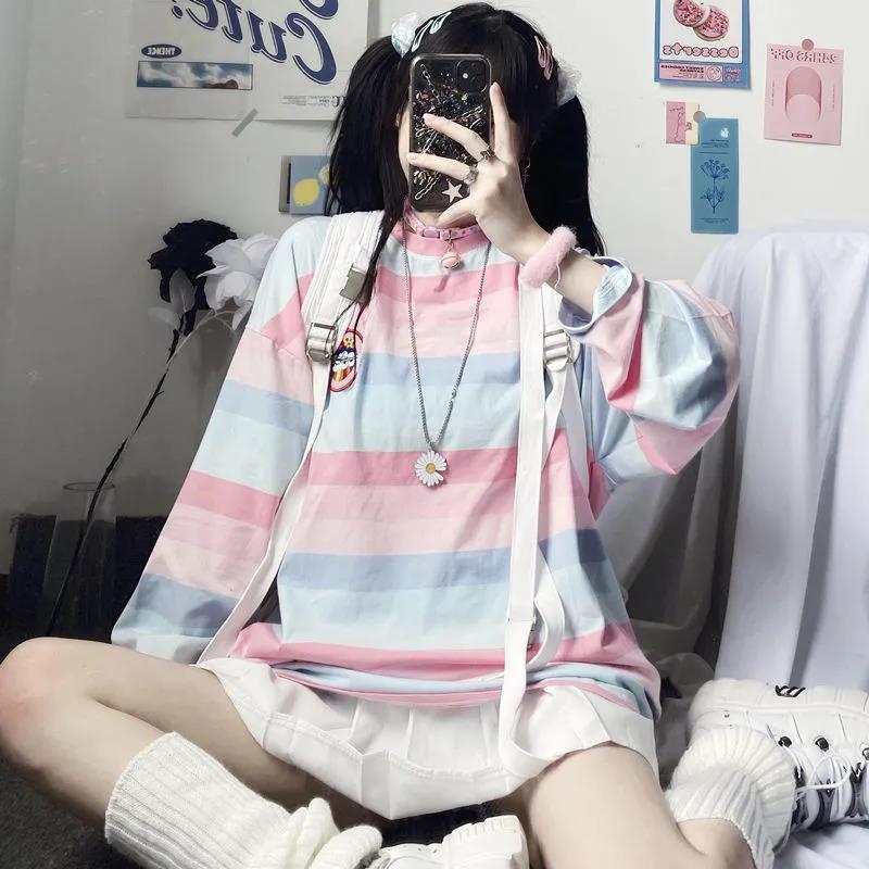 Женская полосатая футболка с длинным рукавом, японская футболка Kawaii Girl, весенние ретро Радужные футболки в стиле Харадзюку, женские топы с графикой M