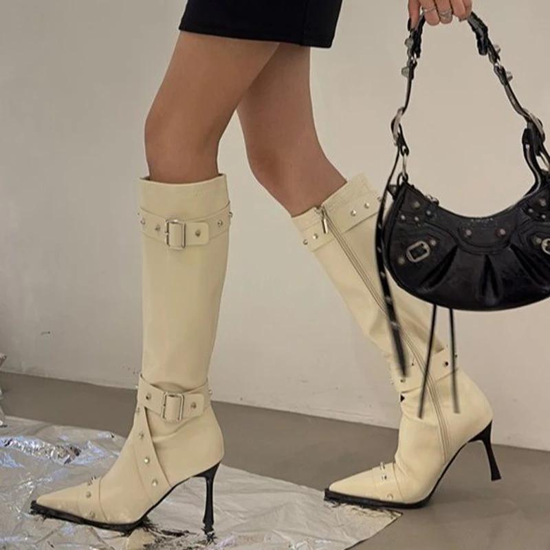 fashion Women Pointed Toe Knee High Chelsea Boots High Heels Shoes 2024 Winter Designer New Party Shoes Pumps Sexy Walking Mujer Zapatos 35 бежевый