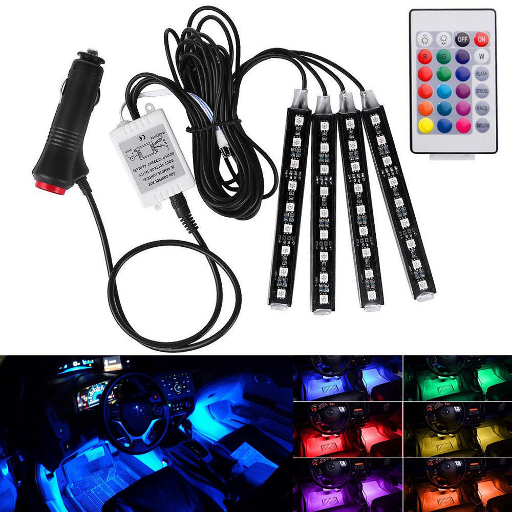 4 шт. Автомобильные светодиодные ленты RGB, светодиодные ленты, цвета, стайлинг автомобиля, декоративные атмосферные лампы, освещение салона автомобиля с пультом дистанционного управления 12 В разноцветный