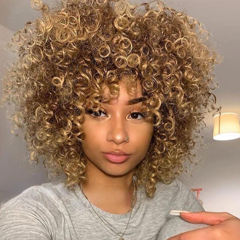 MISS WIG Афро Женская Мода Короткая Длина Ombre Коричневый Блондинка Вьющийся Парик Синтетическое Волокно Вьющийся Парик для Женщин чёрный