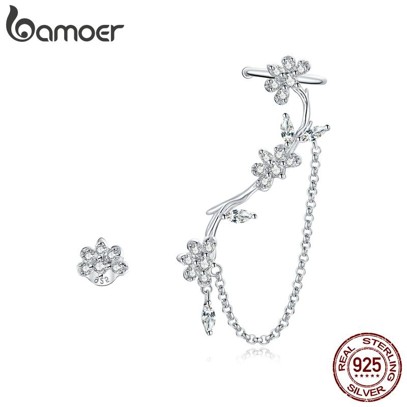 Серьги BAMOER с цветущими цветами, стерлинговое серебро 925 пробы, асимметричные прозрачные серьги с цирконием для женщин, свадебные модные ювелирные изделия 925 silver