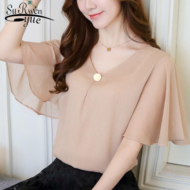 SURWENYUE модная шифоновая женская блузка размера плюс 4XL, рубашки, топы, блузки цвета хаки с короткими рукавами и v-образным вырезом M