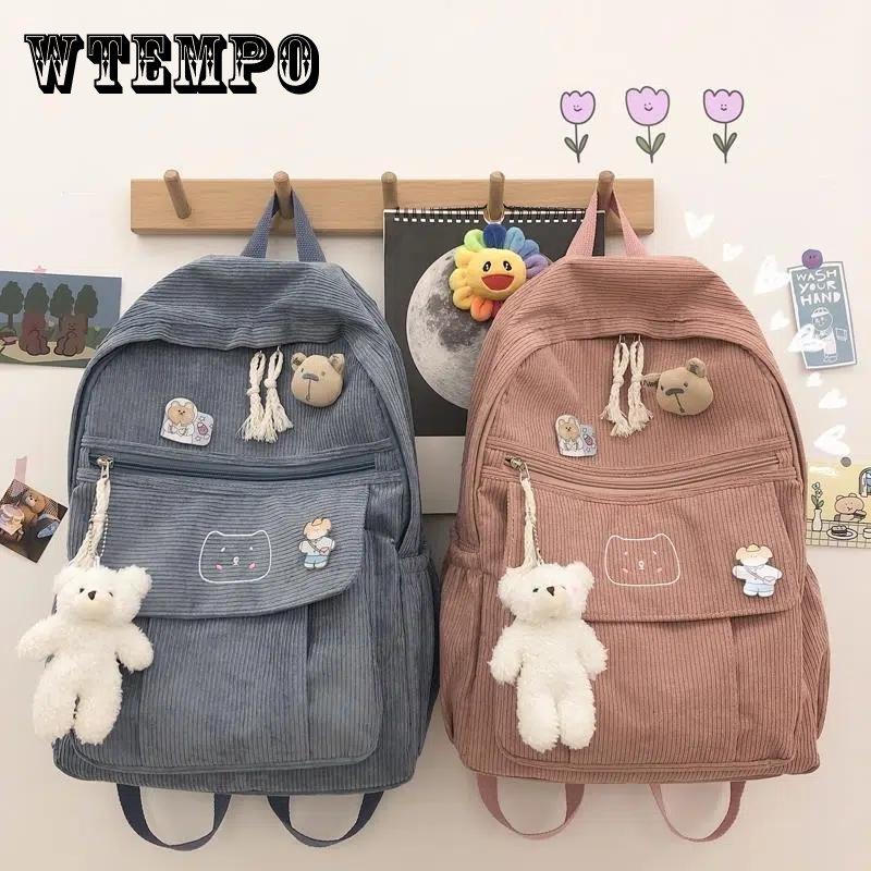 Школьная сумка, женский корейский Harajuku Ulzzang, школьный вельветовый бархатный рюкзак, милый рюкзак для девочек с подвеской 29*12*41cm бежевый