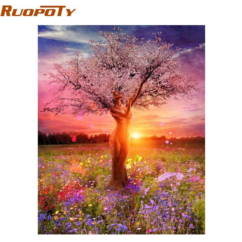 RUOPOTY рамка картина DIY картина по номерам сексуальные деревья пейзаж ручная роспись маслом для домашнего декора 40x50 см настенные произведения искусства 40x50CM NO Frame