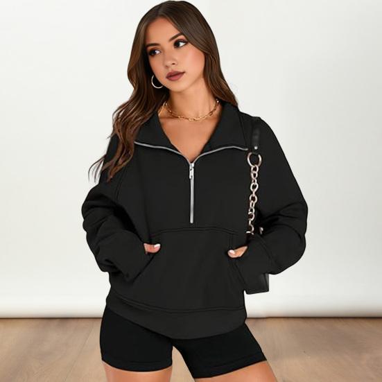 Толстовка Yousheng Fall Winter с застежкой-молнией на половину длины, большим карманом, отложным воротником, длинными рукавами, свободная, плотная, однотонная, эластичная манжета, повседневная одежда, повседневный спортивный топ L