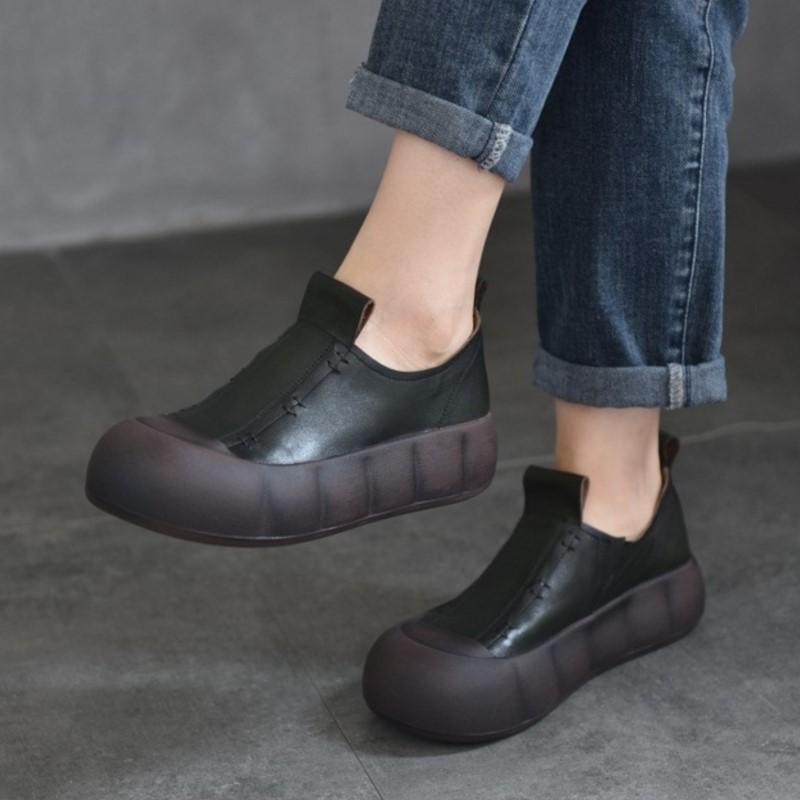 Женские туфли на плоской платформе из натуральной кожи Johnature Retro Handmade, однотонные туфли из коровьей кожи без застежек 35 коричневый