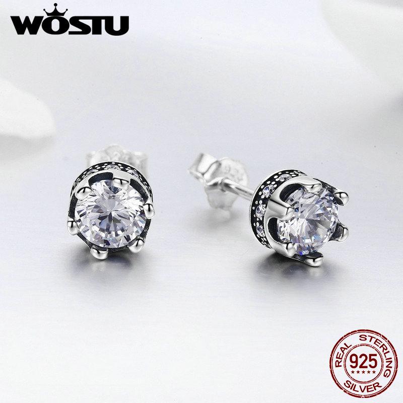 WOSTU 100% серебро 925 пробы, нежная корона, прозрачные серьги-гвоздики CZ для женщин, ювелирные изделия Brincos, подарок