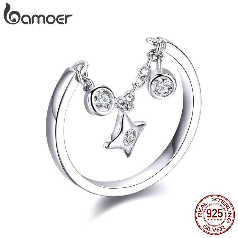 BAMOER 925 Stelring Серебряные Кольца Цепочка для Женщин Прозрачная Звезда CZ Ajudtable Кольца Подарки Женские Ювелирные Изделия SCR408