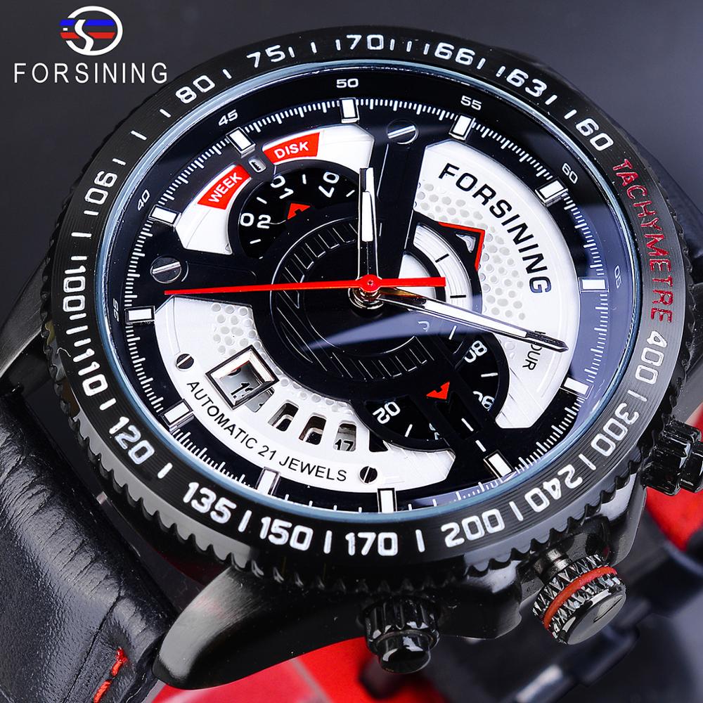 Forsining Sprot Racing Design черный кожаный ремень с календарем, мужские автоматические механические часы, лучший бренд, роскошные мужские часы чёрный