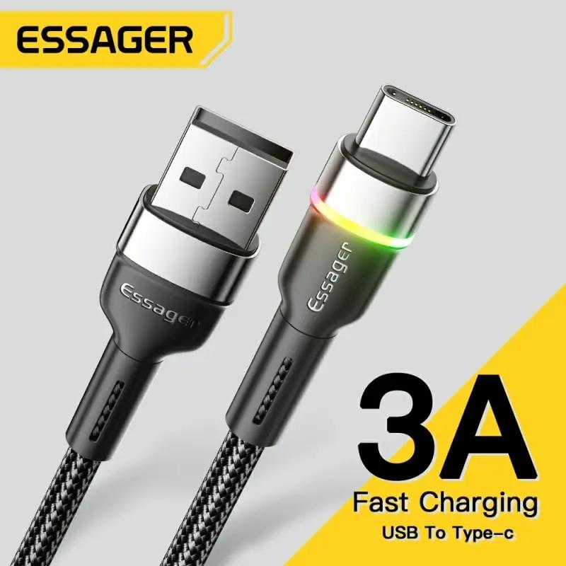  Кабель Essager 3A USB Type C, зарядное устройство для мобильного телефона, шнур для быстрой зарядки для Xiaomi 11 12 Poco F3 Realme, Huawei Oneplus, провод для передачи данных 1m чёрный