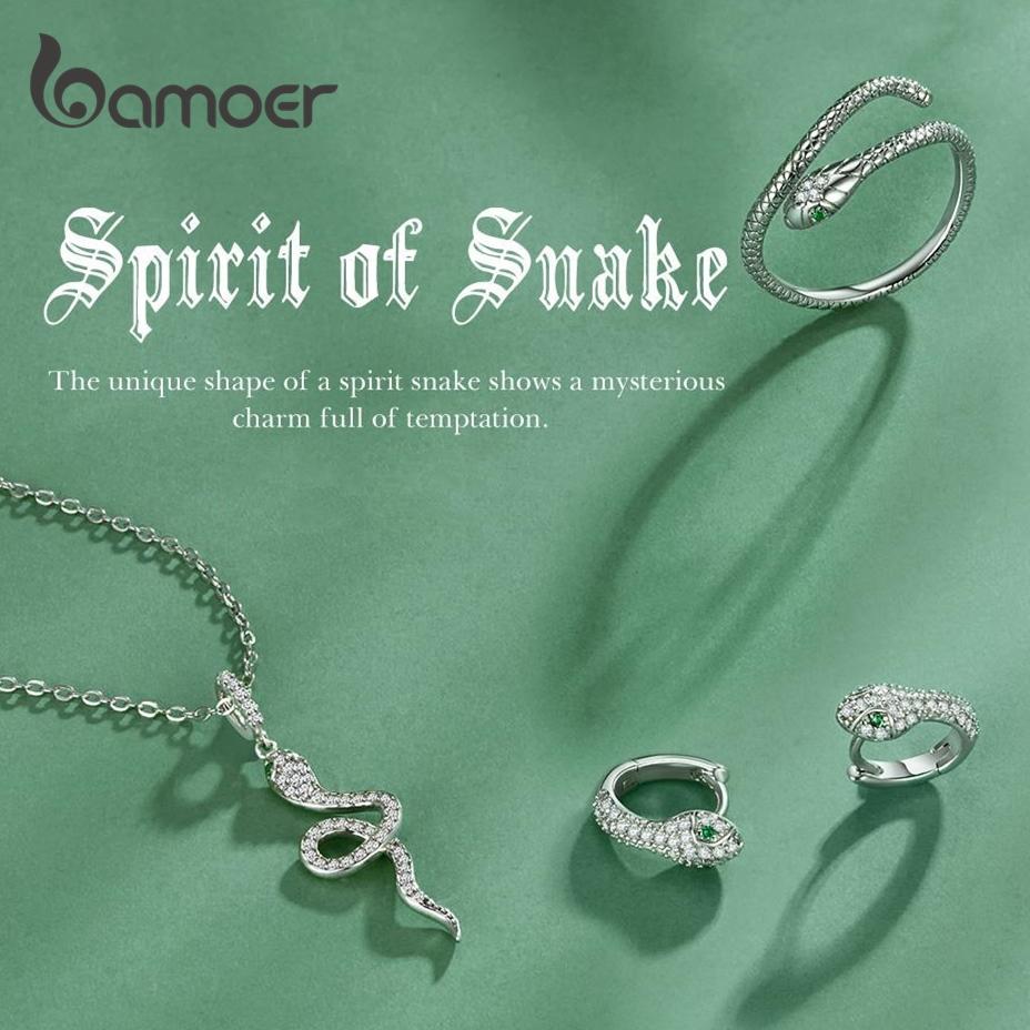 Bamoer из натурального серебра 925 пробы, таинственный нежный костюм со змеей CZ, ювелирный костюм, открытое кольцо на палец, серьги, ожерелье для женщин Ring