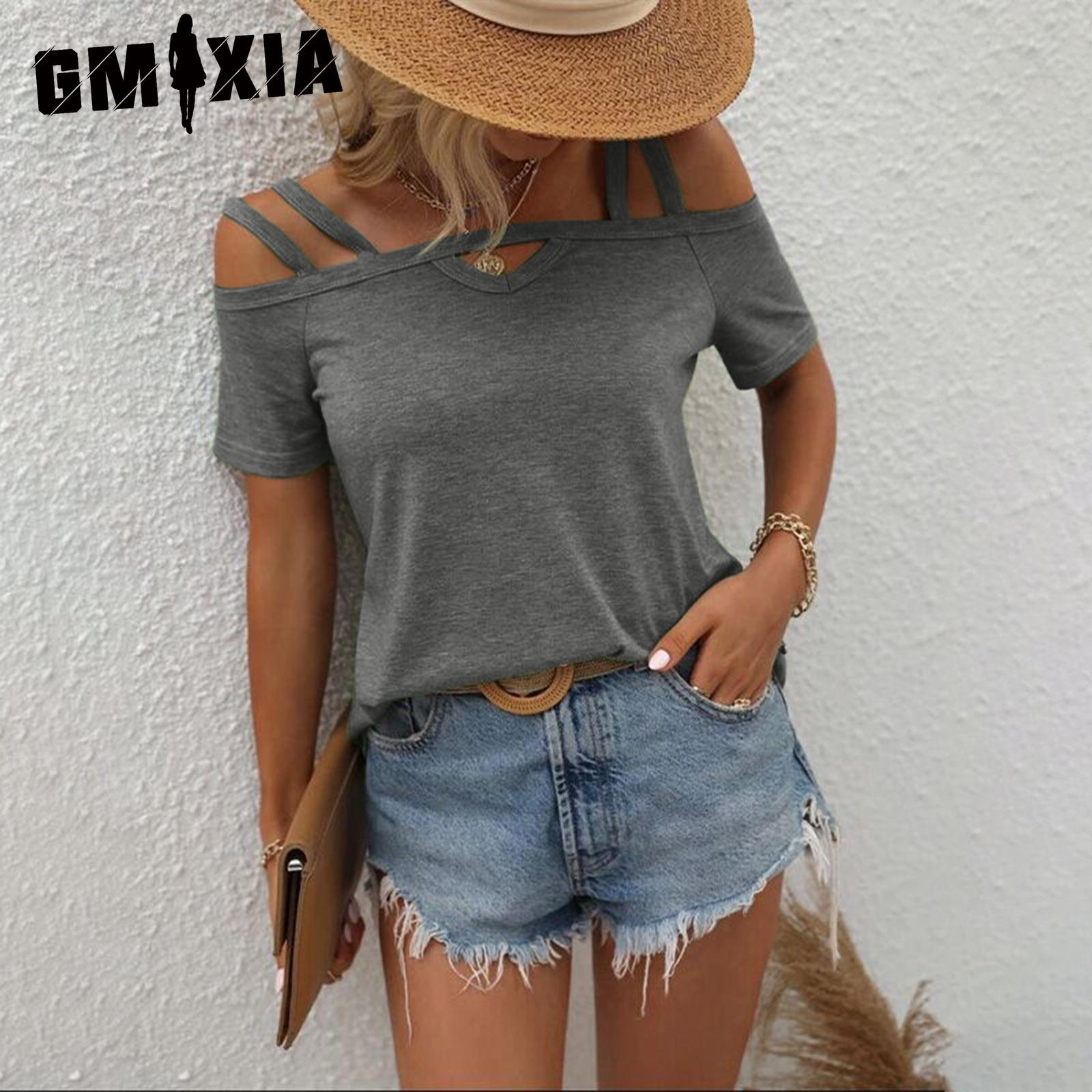 GMXIA женские модные повседневные летние однотонные блузки и рубашки с короткими рукавами с принтом S чёрный