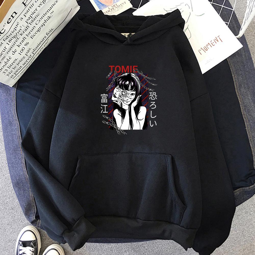 Junji Ito Maniac Tomic Scary Strap-on Woman Fashion Oversized Hoodie MEN Готическая толстовка с длинными рукавами Four Seasons Красивый Эстетический S чёрный