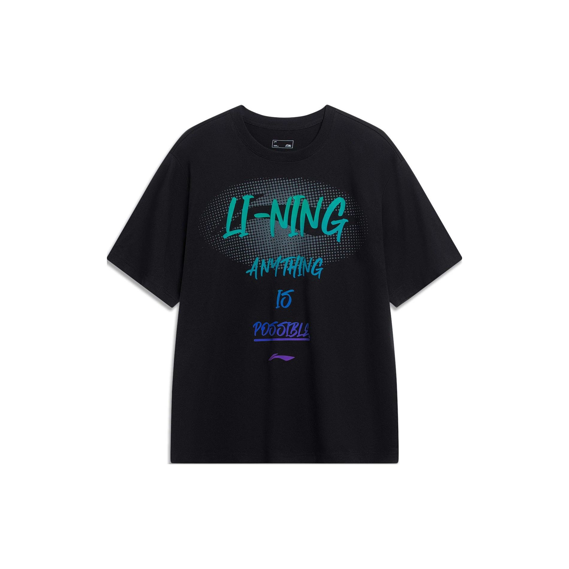 Li-Ning Спортивная модная серия с логотипом и круглым вырезом, футболка с короткими рукавами, топы унисекс, черный AHST547-2 M