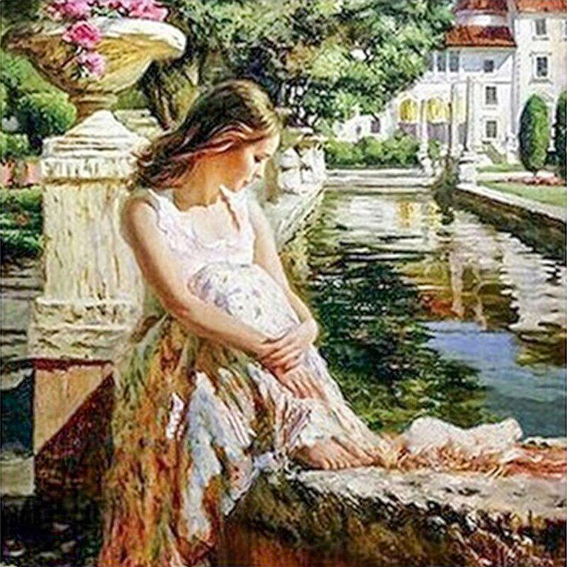Алмазная картина, мозаика, вышивка, стразы, круглый бриллиант, домашний декор, ремесло, девушка на берегу реки 30x30CM