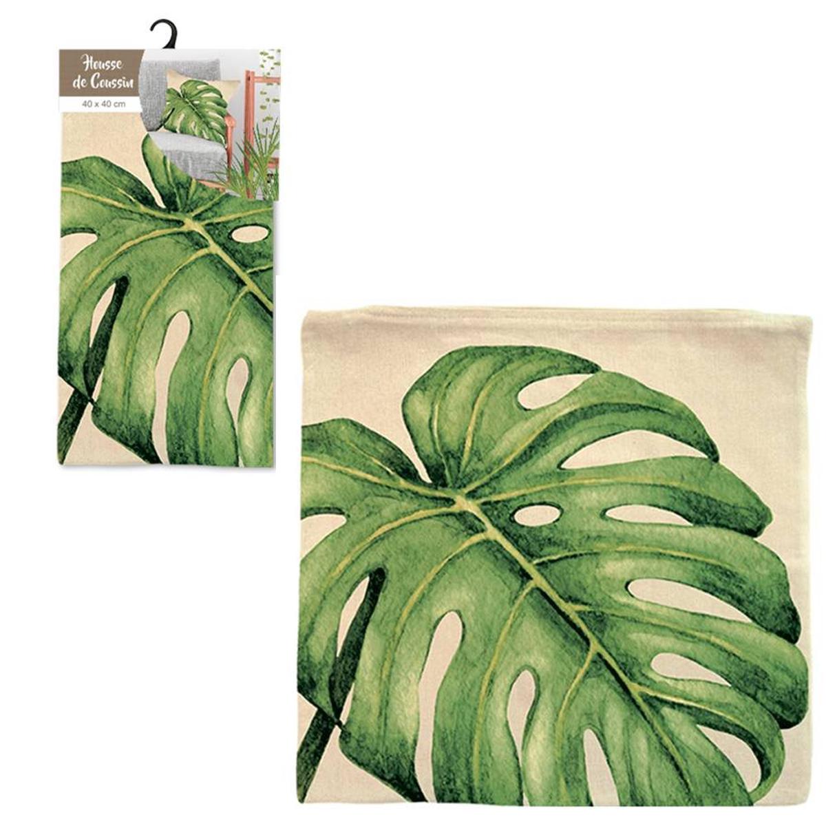 Les Trésors De Lily [Q2184] - Зеленая бежевая хлопковая наволочка  Jungle  (листья монстеры) - 40x40 см. зелёный