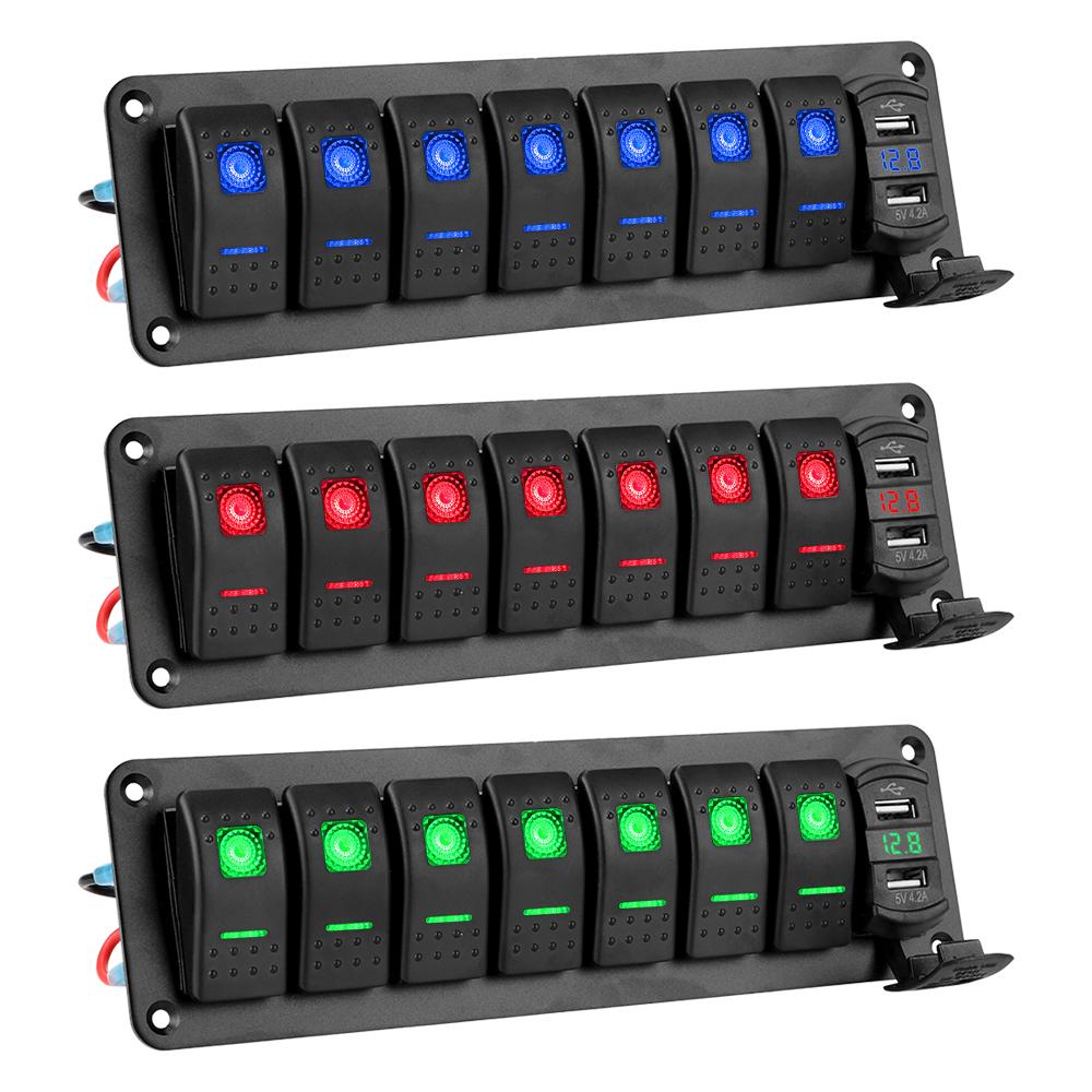 Двойные USB-зарядные устройства, 7-панельный кулисный переключатель, панель автомобильного грузовика, автобуса, автоматический выключатель, цифровой вольтметр