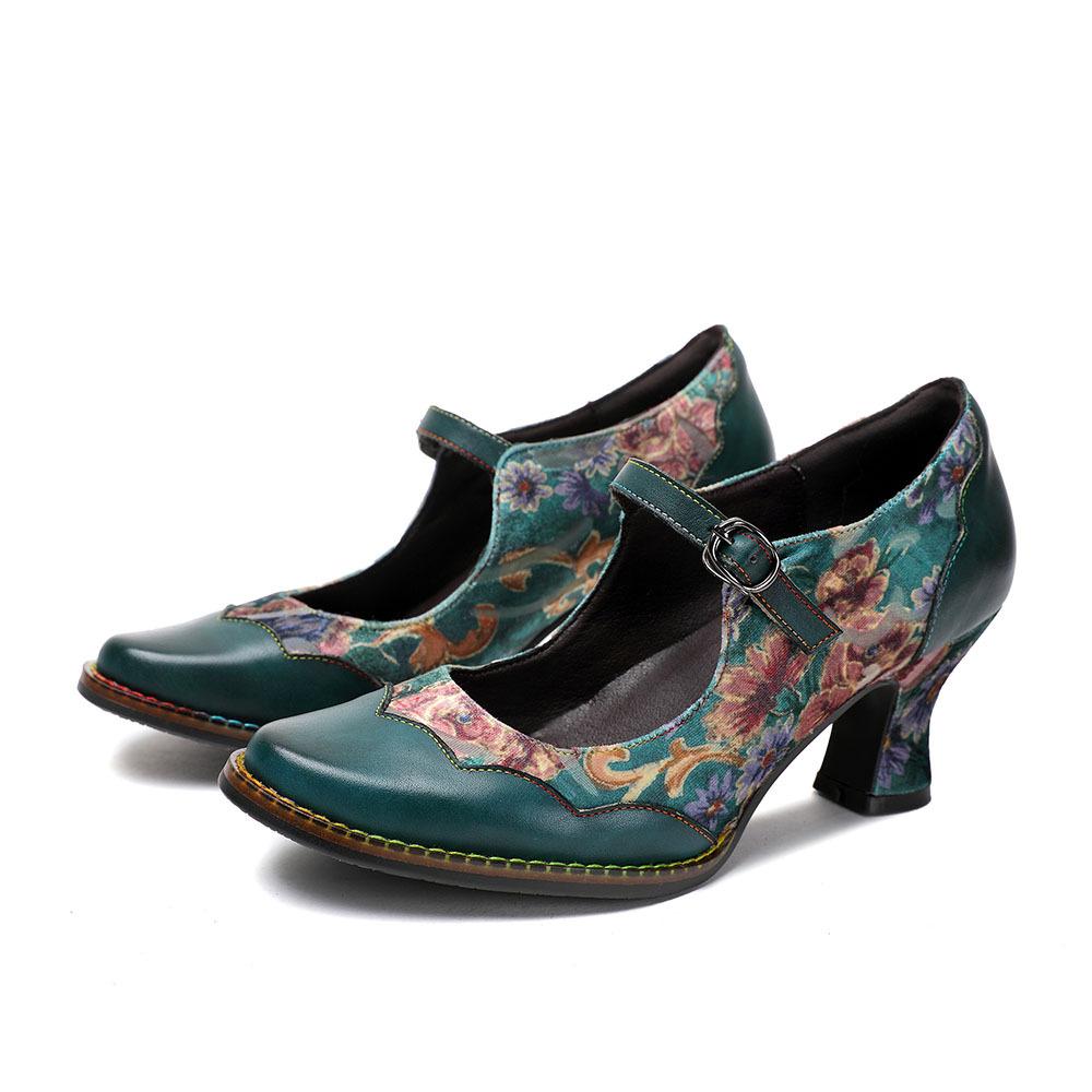 Johnature Vintage Printed High Heels Натуральная кожа Туфли с острым носком и пряжкой на ремешке Женские туфли-лодочки Женская обувь 36 зелёный