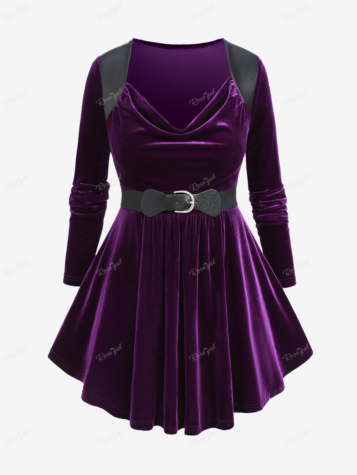 Rosegal Plus Size PU вставки сборками воротник-хомут пряжка пояс бархатный топ с длинными рукавами L фиолетовый