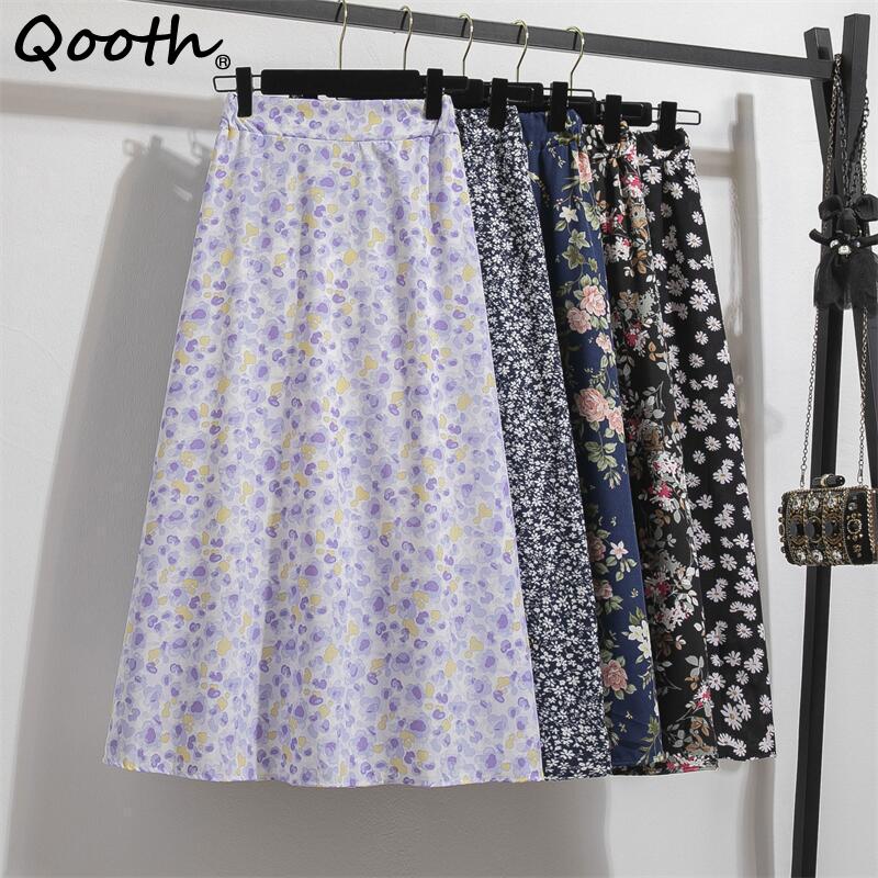 Qooth Женские свободные длинные юбки А-силуэта, плиссированные повседневные юбки с цветочным принтом, летние элегантные винтажные юбки миди с завышенной талией QT2441
