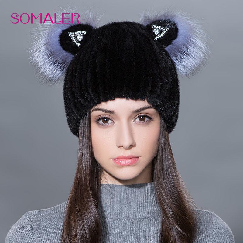 SOMALER зимняя женская шапка из норки из натуральной норки, милые шапки с кошачьими ушками чёрный