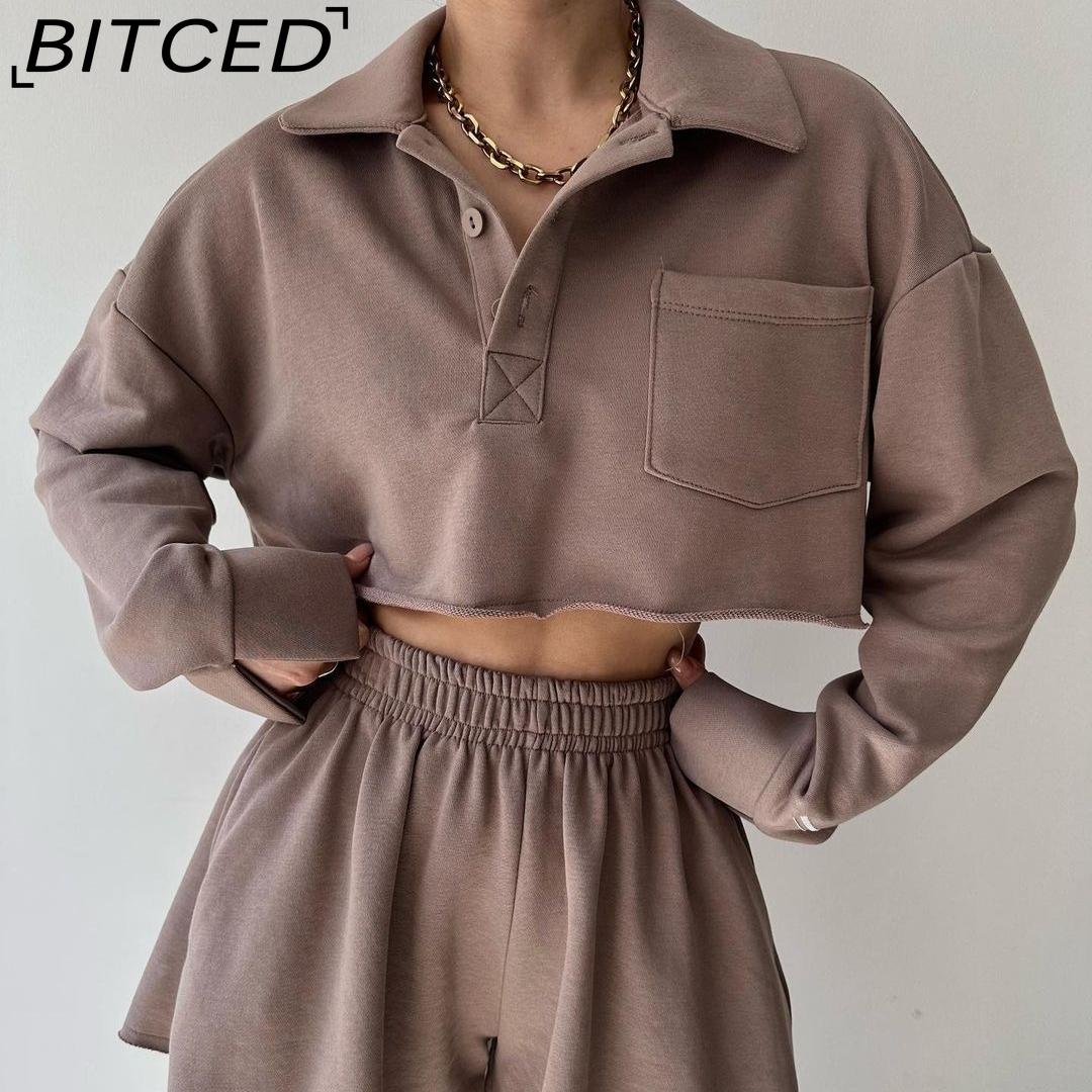 BITCED Однотонный Кардиган с Длинным Рукавом, Короткий Повседневный Топ, Шорты на Кулиске S темно-серого
