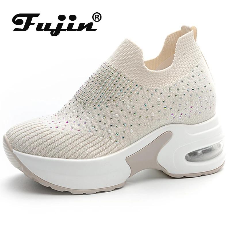 Fujin, 8 см, носки из эластичной ткани, вязаные весенне-осенние носки на платформе, на танкетке, без шнуровки, блестящие женские модные ботильоны со стразами, обувь 34 бежевый