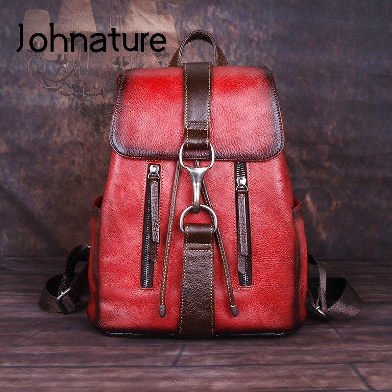 Женский рюкзак Johnature из натуральной кожи, первый слой в стиле ретро, ​​дорожный рюкзак из воловьей кожи с пряжкой на ремешке, сумка большой вместимости кофейный