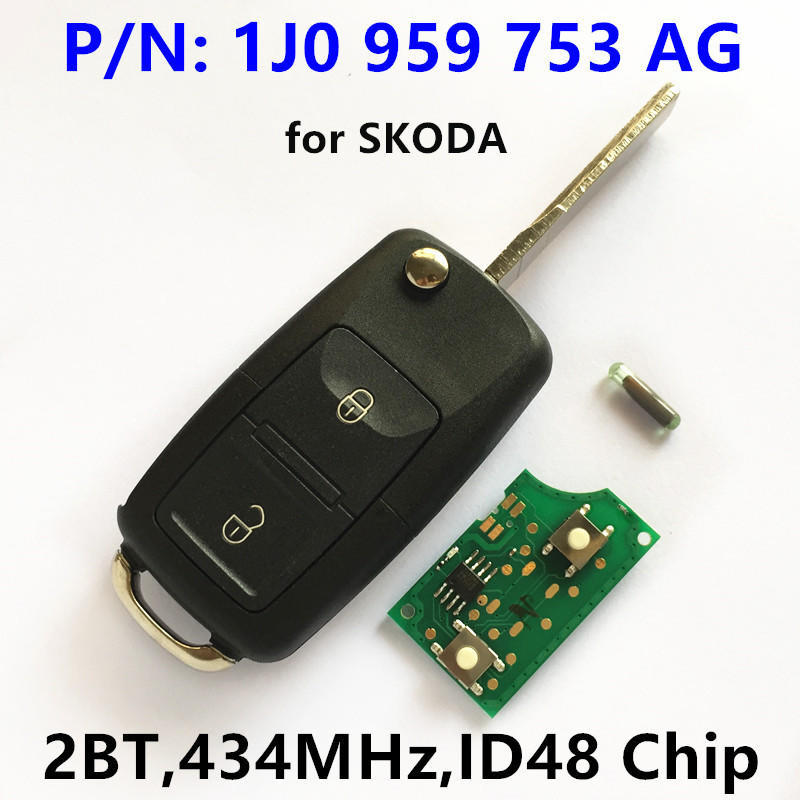 Дистанционный ключ с 2 кнопками для Skoda Fabia Octavia Superb Keyless/434 МГц/чип ID48/5FA 008 399-00/1J0959753AG/1J0 959 753 AG 753AG