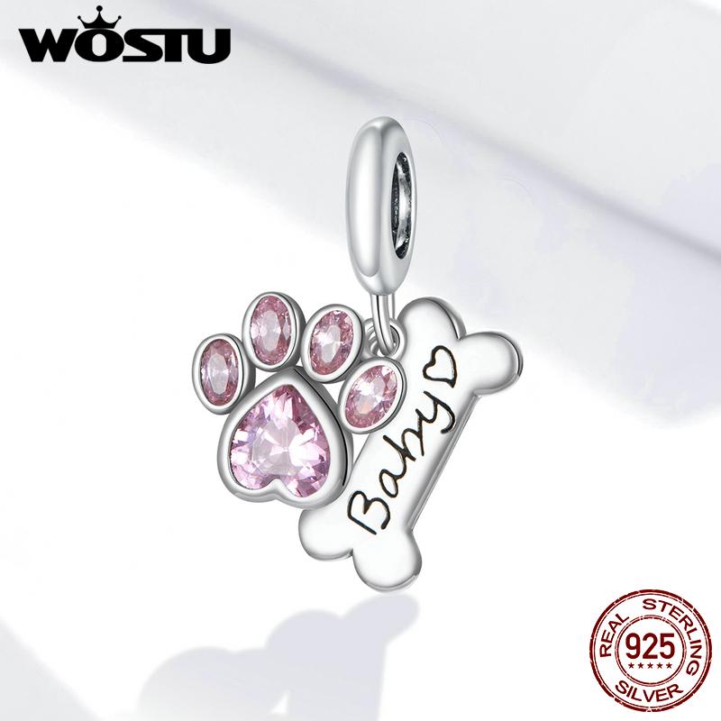 WOSTU настоящее серебро 925 пробы собачья лапа след бусина розовый циркон кость подвеска подходит оригинальный браслет кулон ювелирные изделия 925 silver